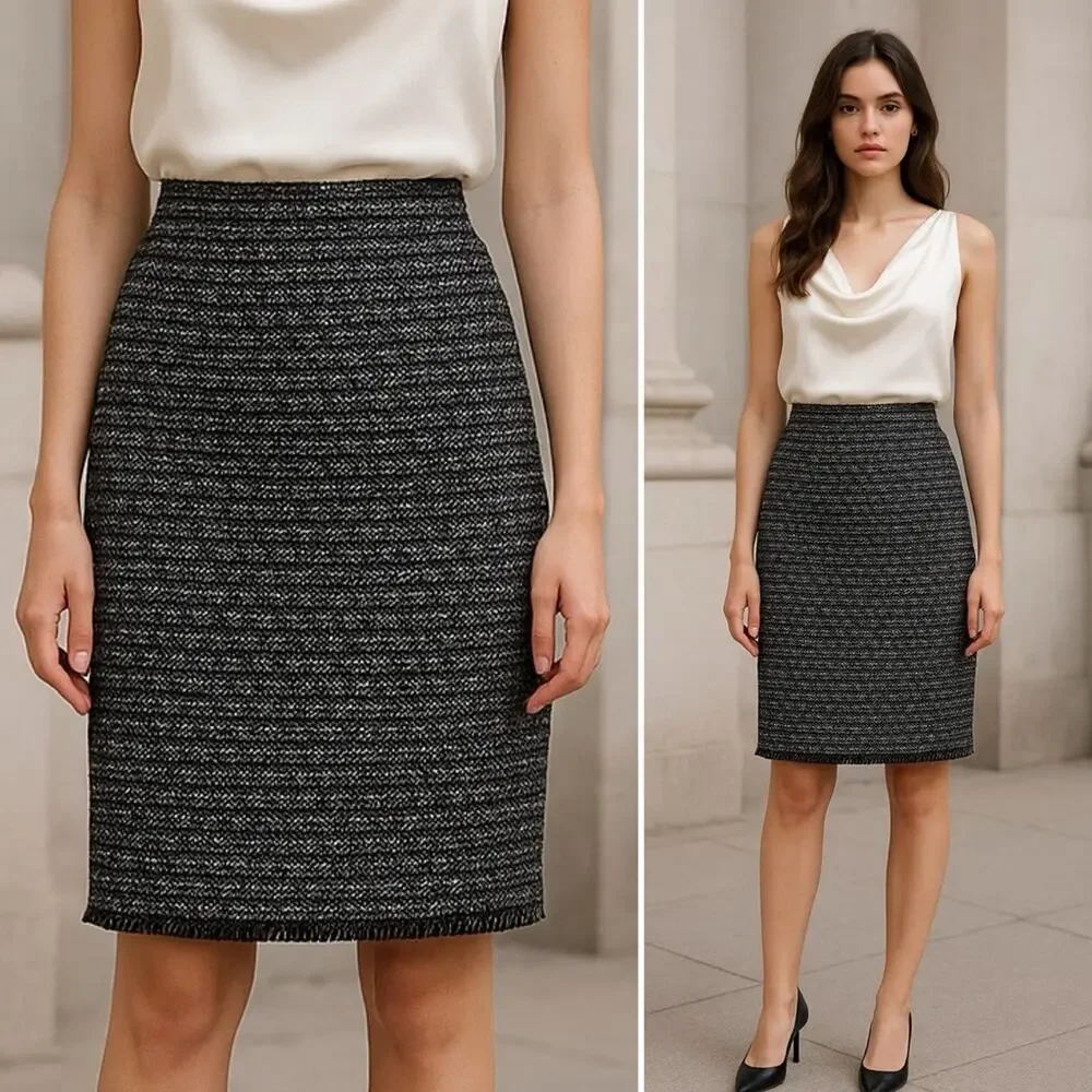J.Crew Tweed Pencil Skirt Black & White Textured Size 00 Lined Classic Career